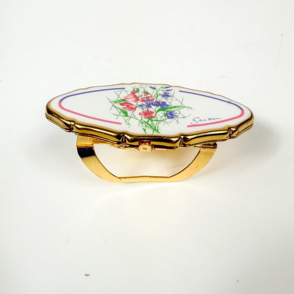 Stratton England Gold Lipview Lipstick Case Holder Floral Sweetpea Mirror - Picture 2 of 4